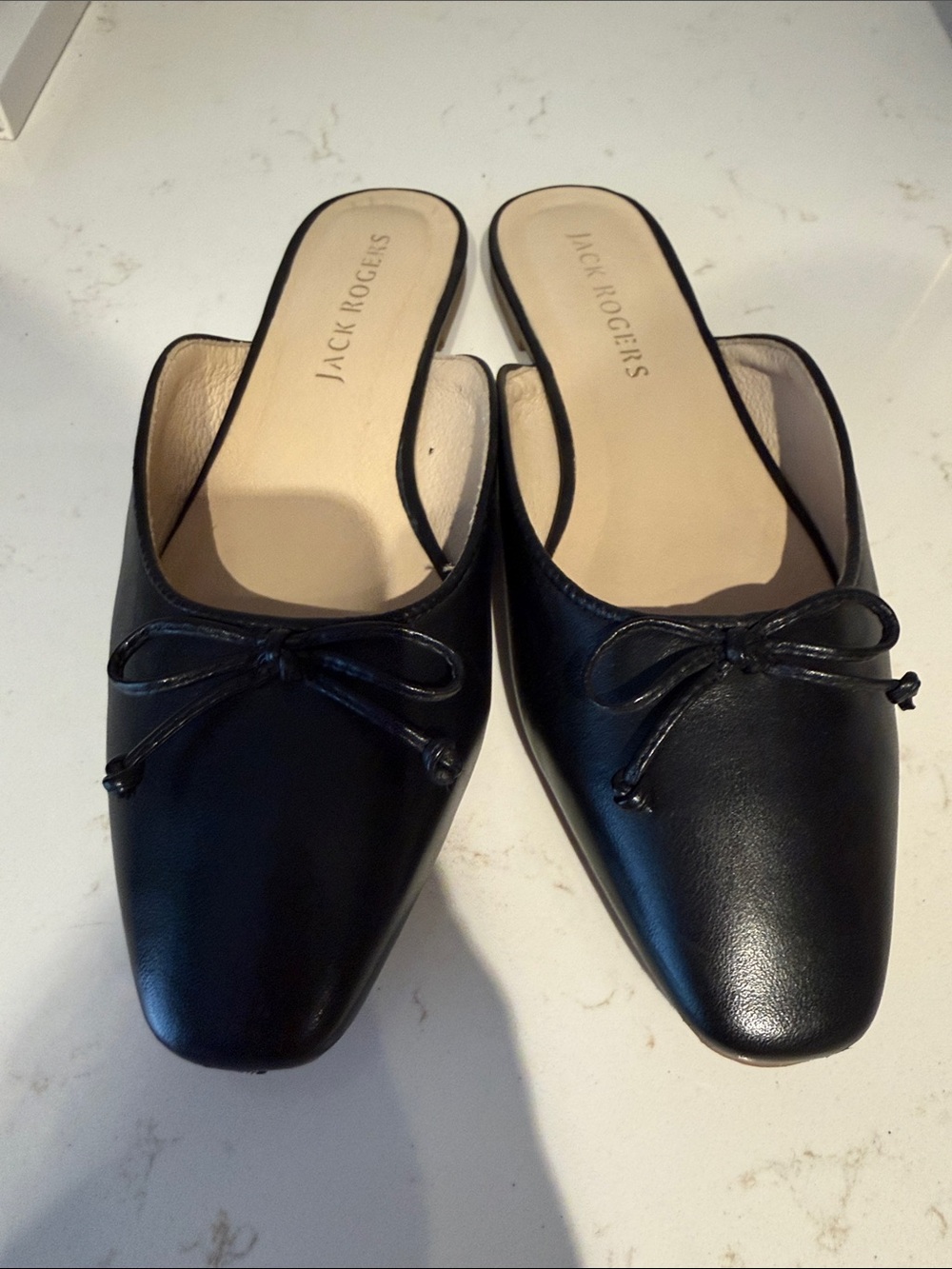 Jack Rogers Black Leather Bow-Accent Mules